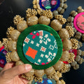 Diya / Silver Coin Placemat (6 Inch) - Green Patola