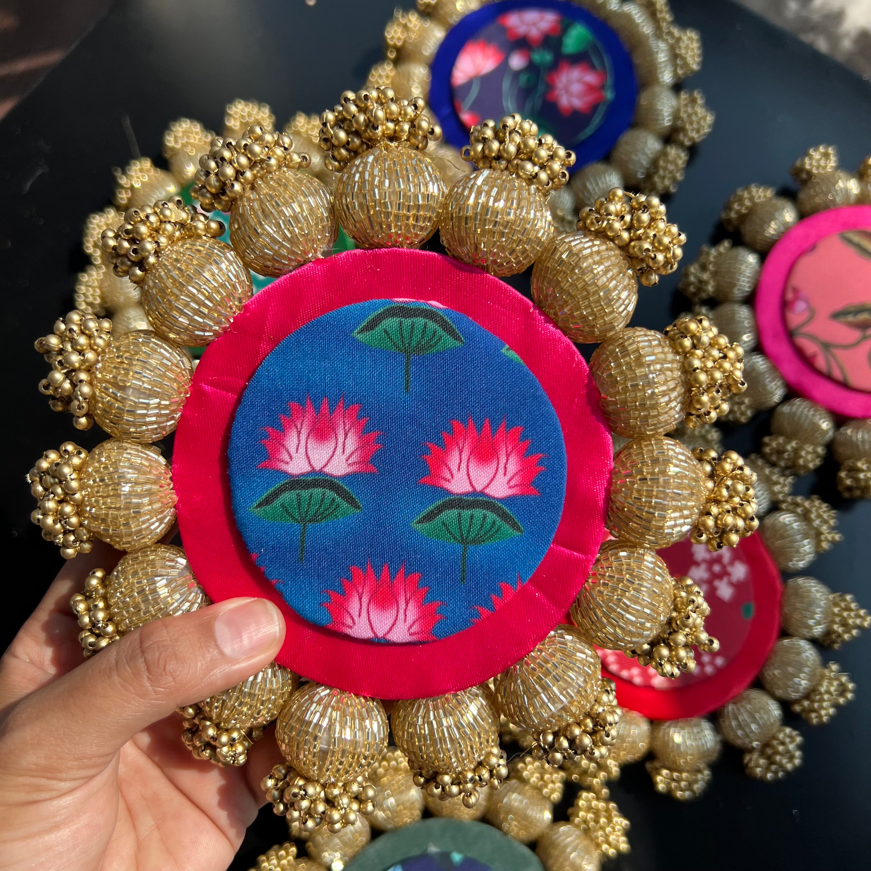 Diya / Silver Coin Placemat (6 Inch) - Pink/Blue