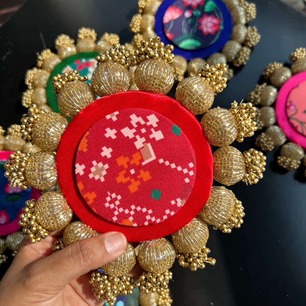Diya / Silver Coin Placemat (6 Inch) - Red Patola