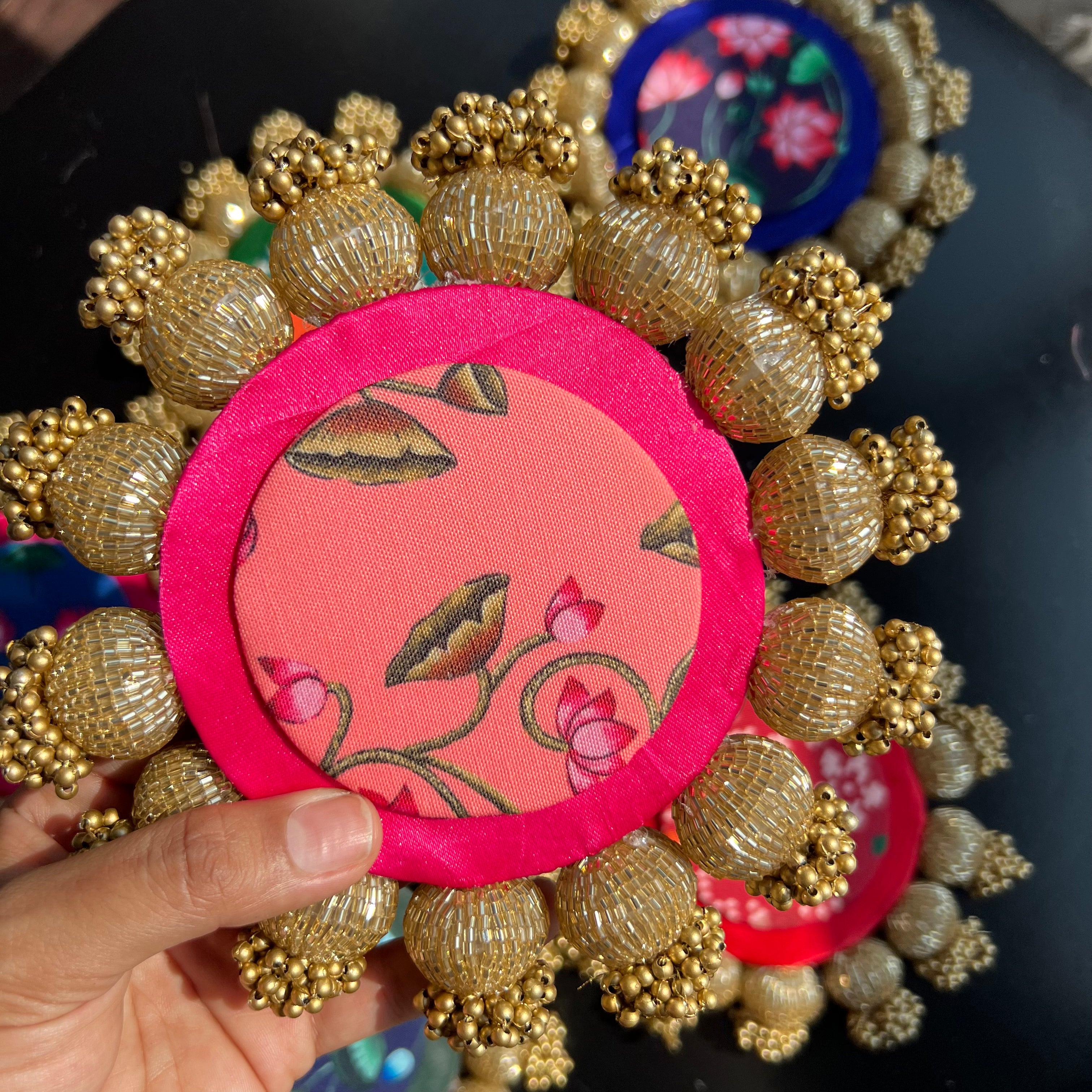 Diya / Silver Coin Placemat (6 Inch) - Pink/Pink Lotus