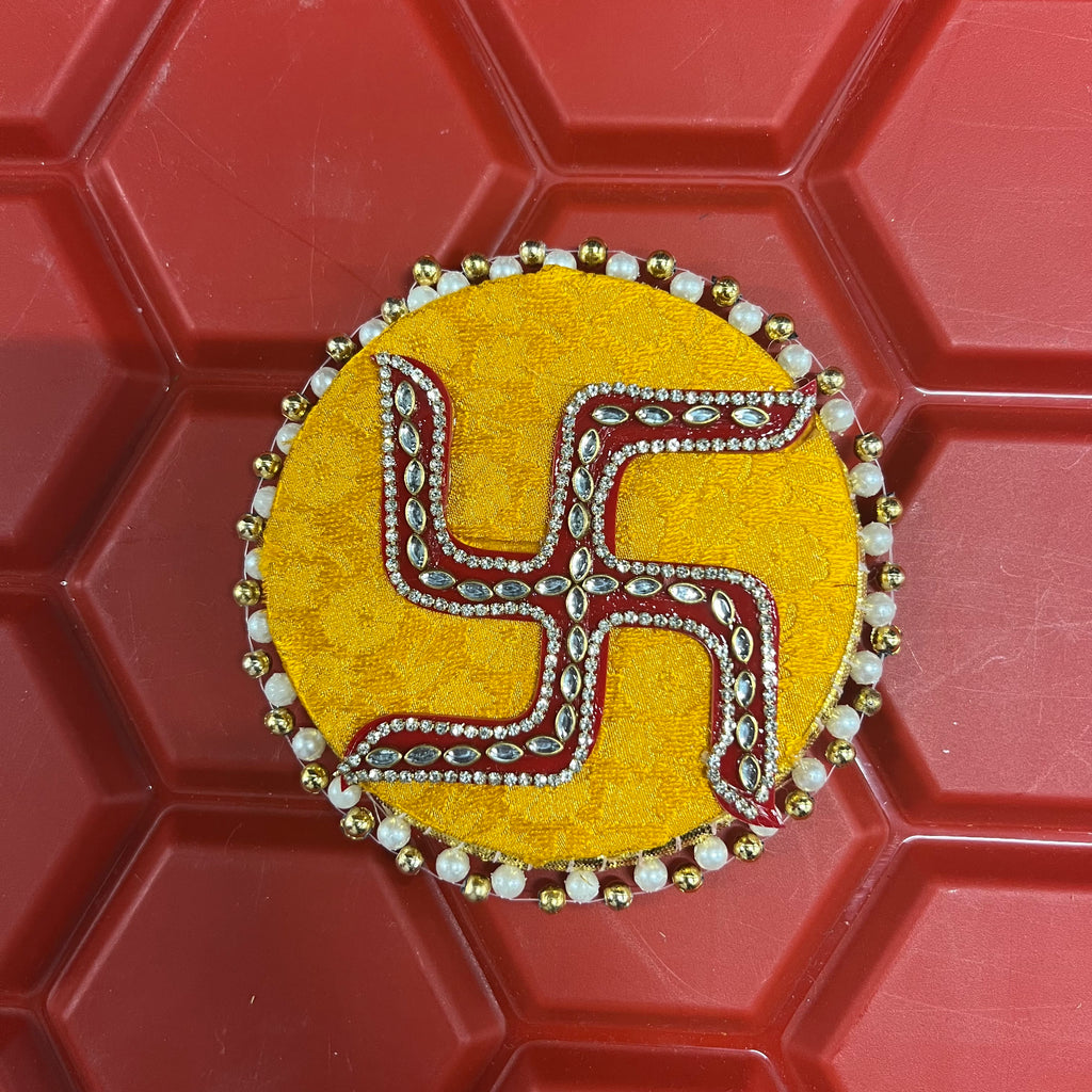 Kundan 5in Swastik Mat - Yellow