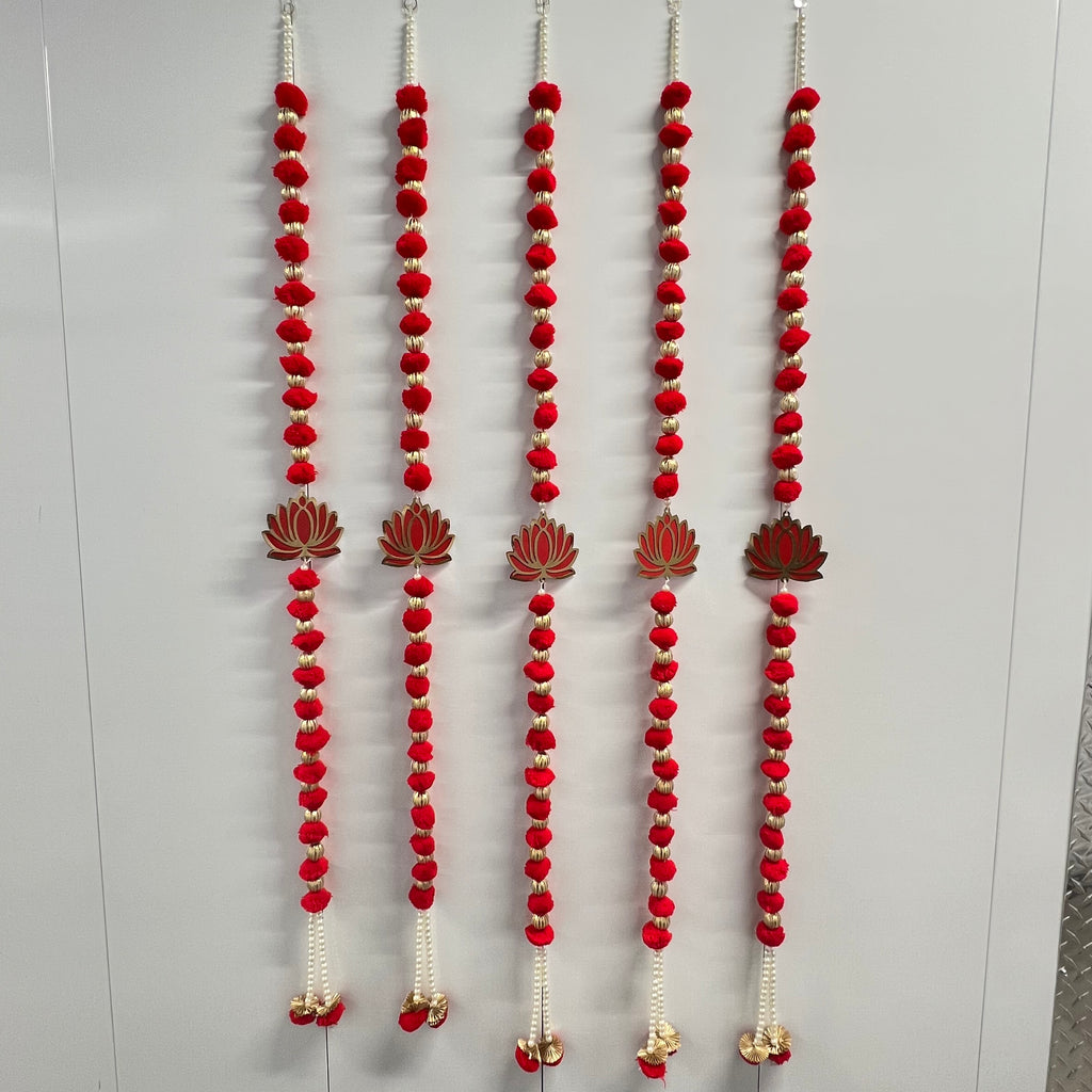 5ft Pom Pom Latkan - Red with Lotus (Set of 2)