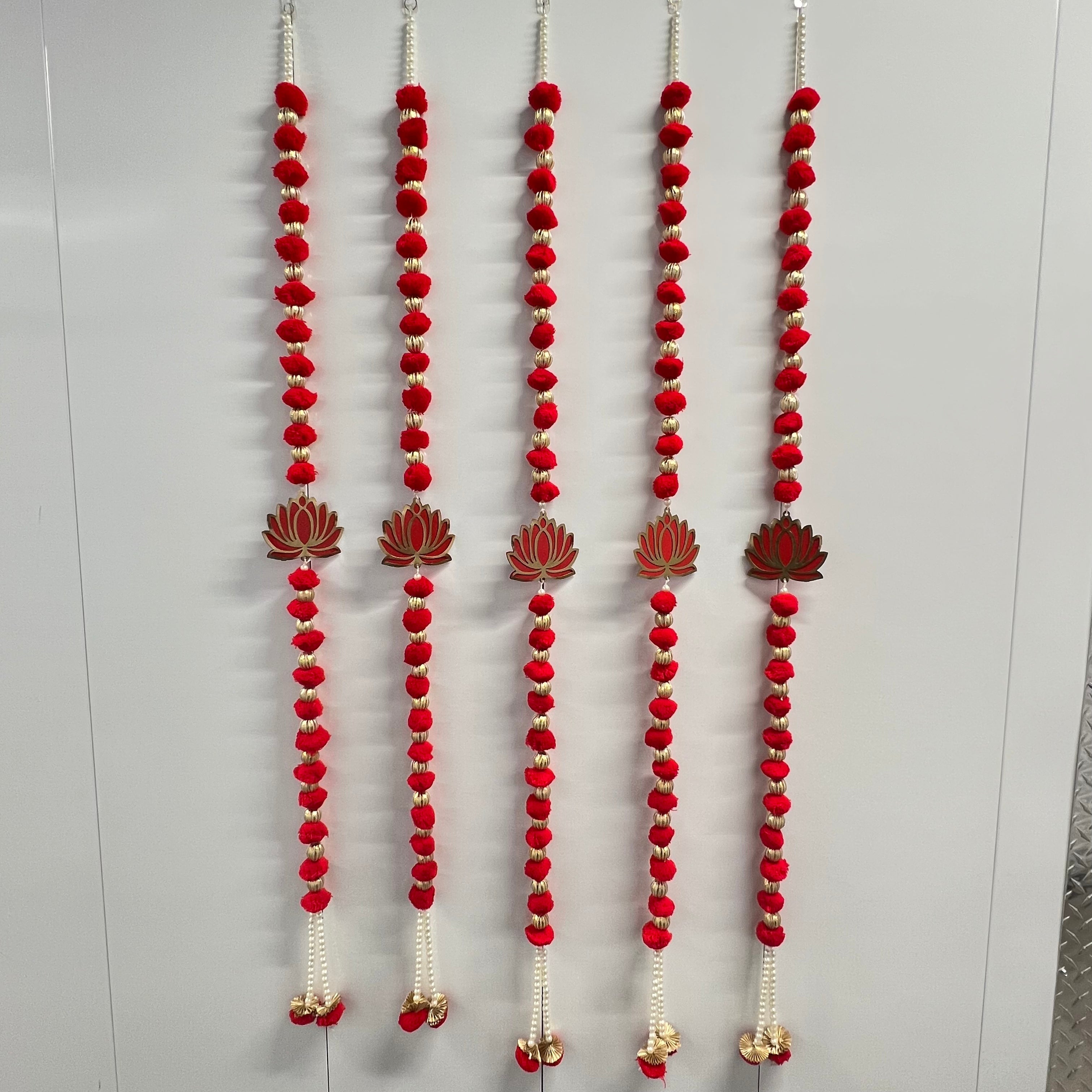 5ft Pom Pom Latkan - Red with Lotus (Set of 2)