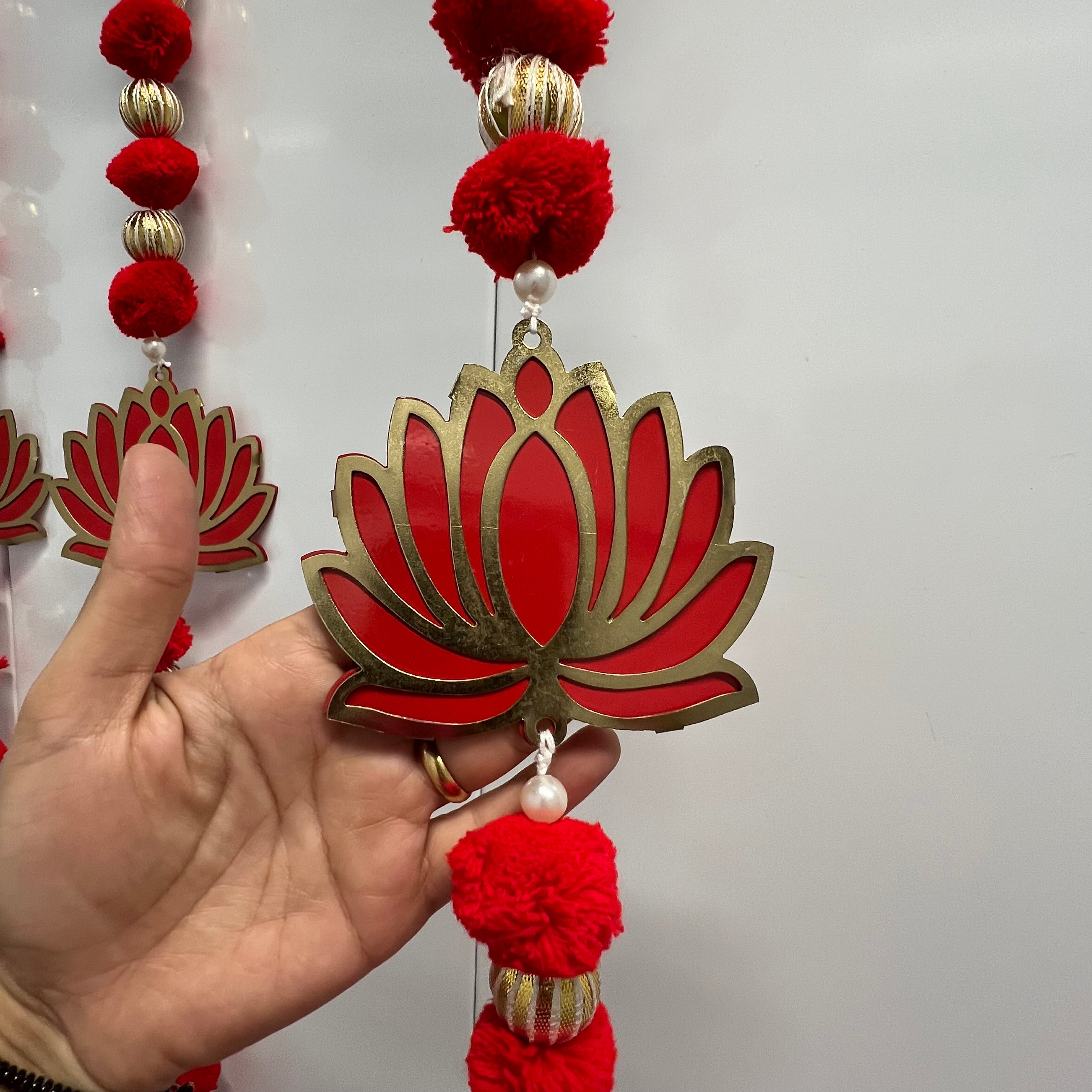 5ft Pom Pom Latkan - Red with Lotus (Set of 2)