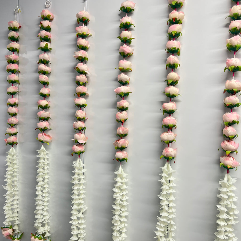 Guirlande fleurie pivoine + fleur blanche 90 cm - Rose clair