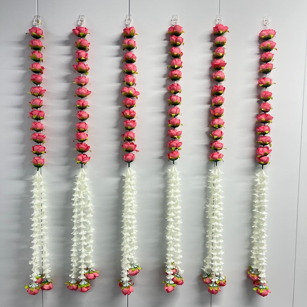 Suspension pivoine + fleur blanche mi-mi 90 cm - Rose