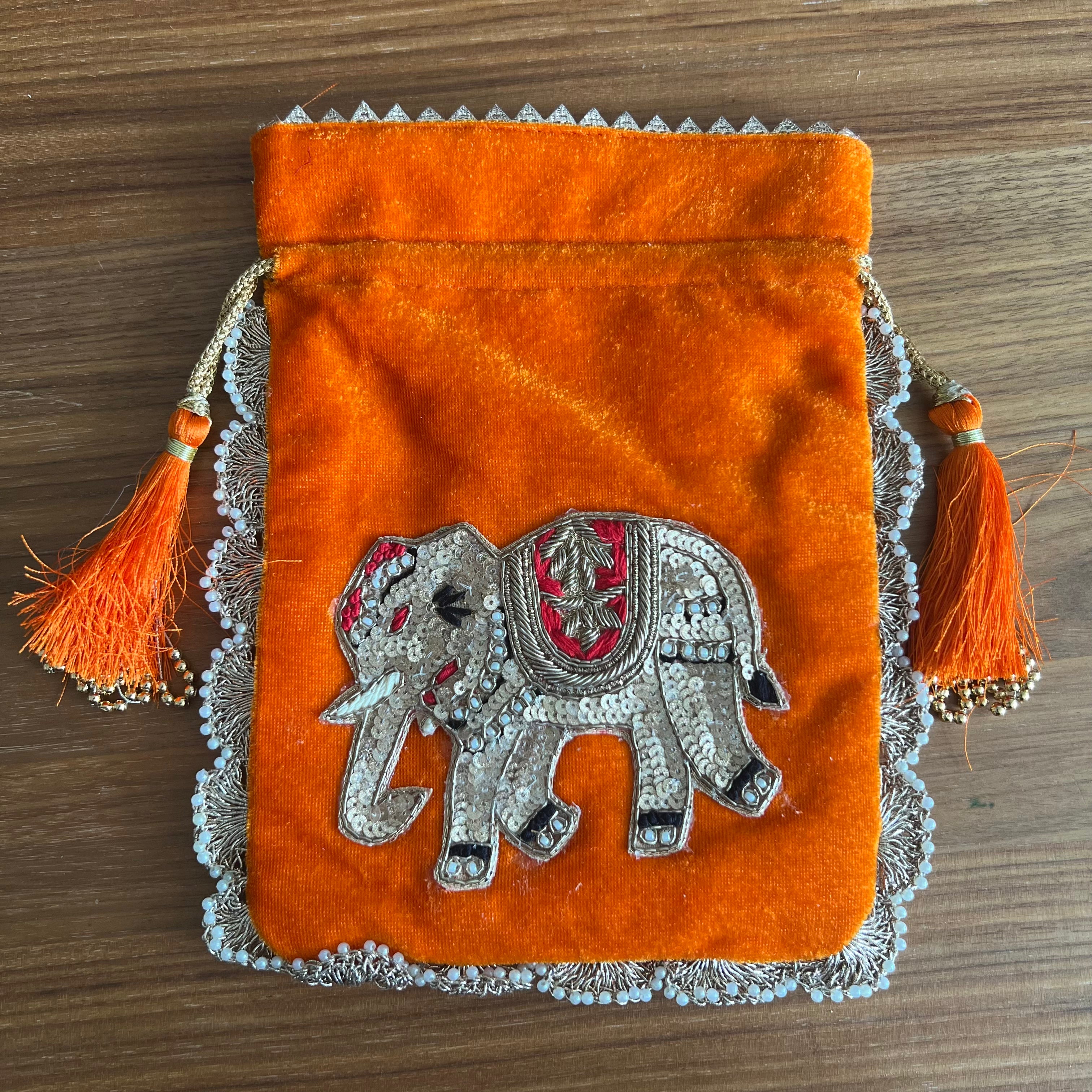 Elephant velvet Potli - Orange