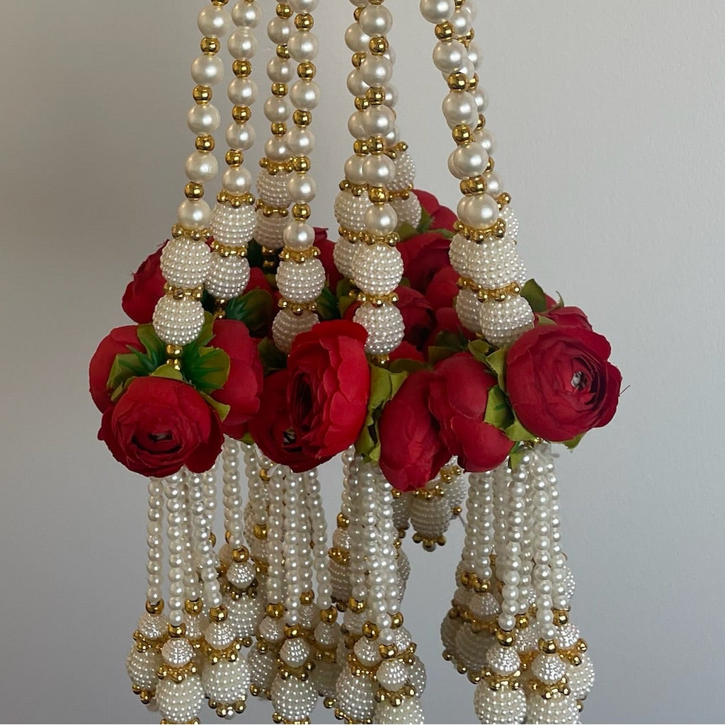 2ft 3 peony bunch with pearl strings - Red