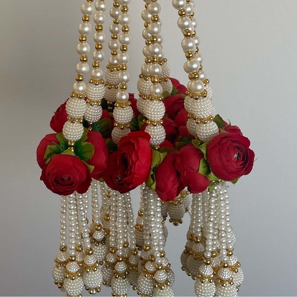 2ft 3 peony bunch with pearl strings - Red