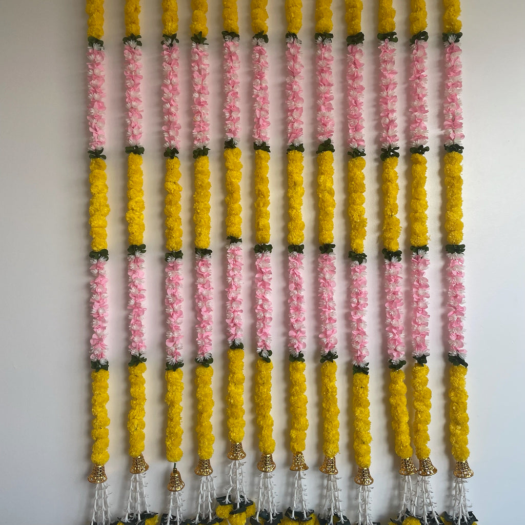 5ft yellow small marigold with light pink & white bloomed mogra