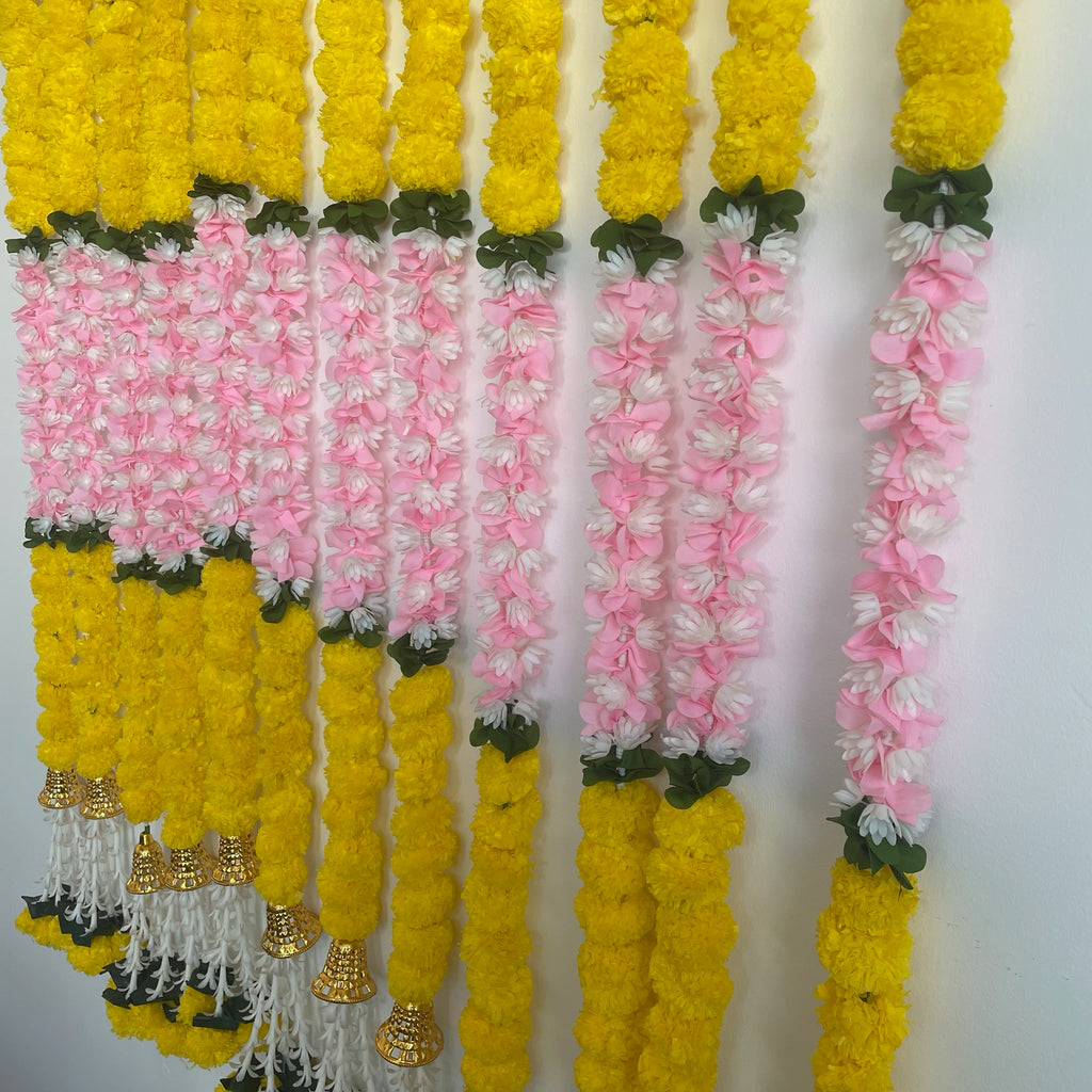 5ft yellow small marigold with light pink & white bloomed mogra