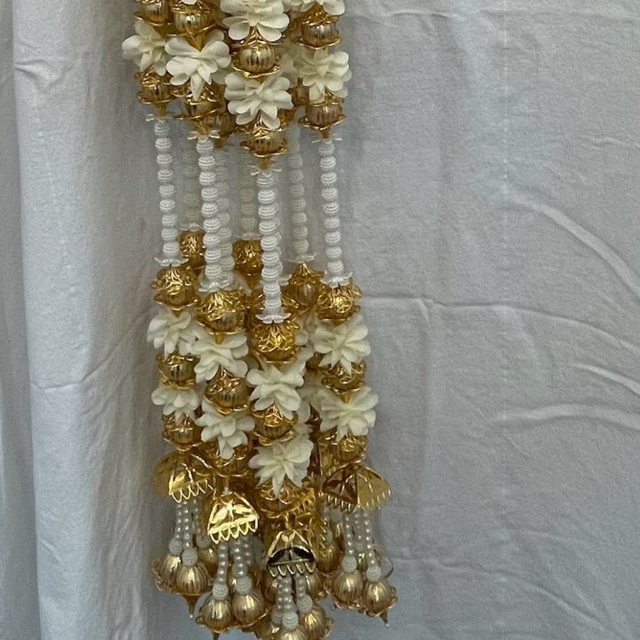 3ft white pearl beads with golden square tokri