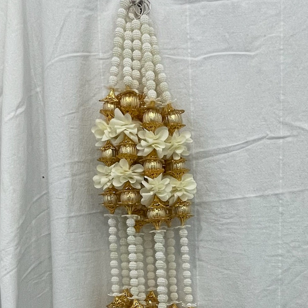 3ft white pearl beads with golden square tokri