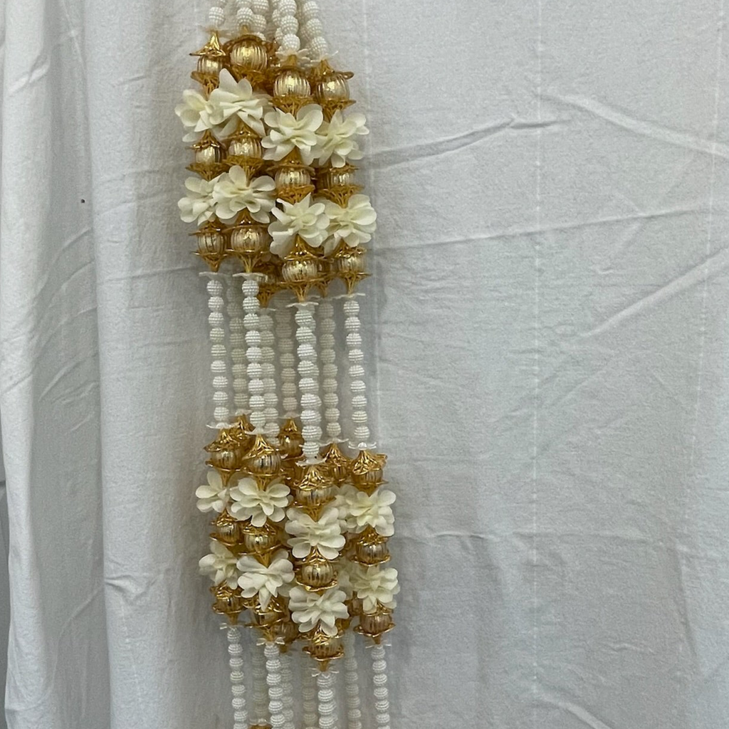 3ft white pearl beads with golden square tokri