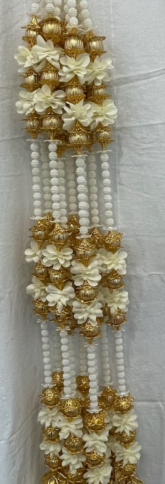 3ft white pearl beads with golden square tokri