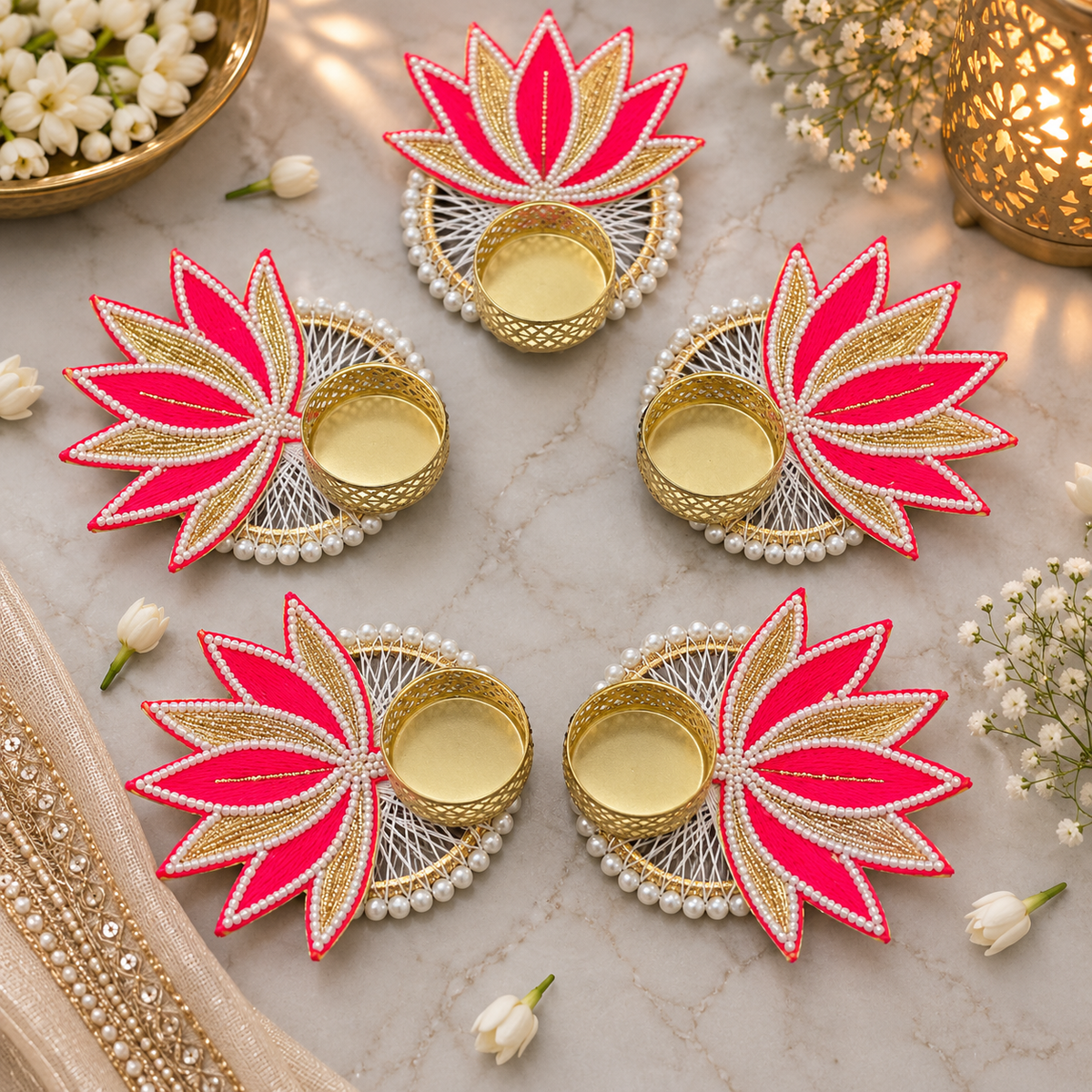Lotus T-Light Diya - Pink (Set of 5)