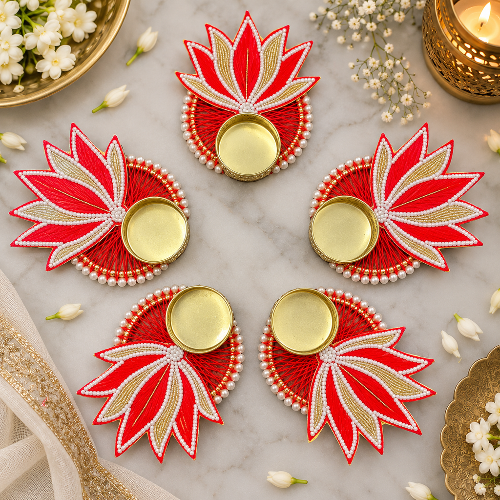 Lotus T-Light Diya - Red (Set of 5)