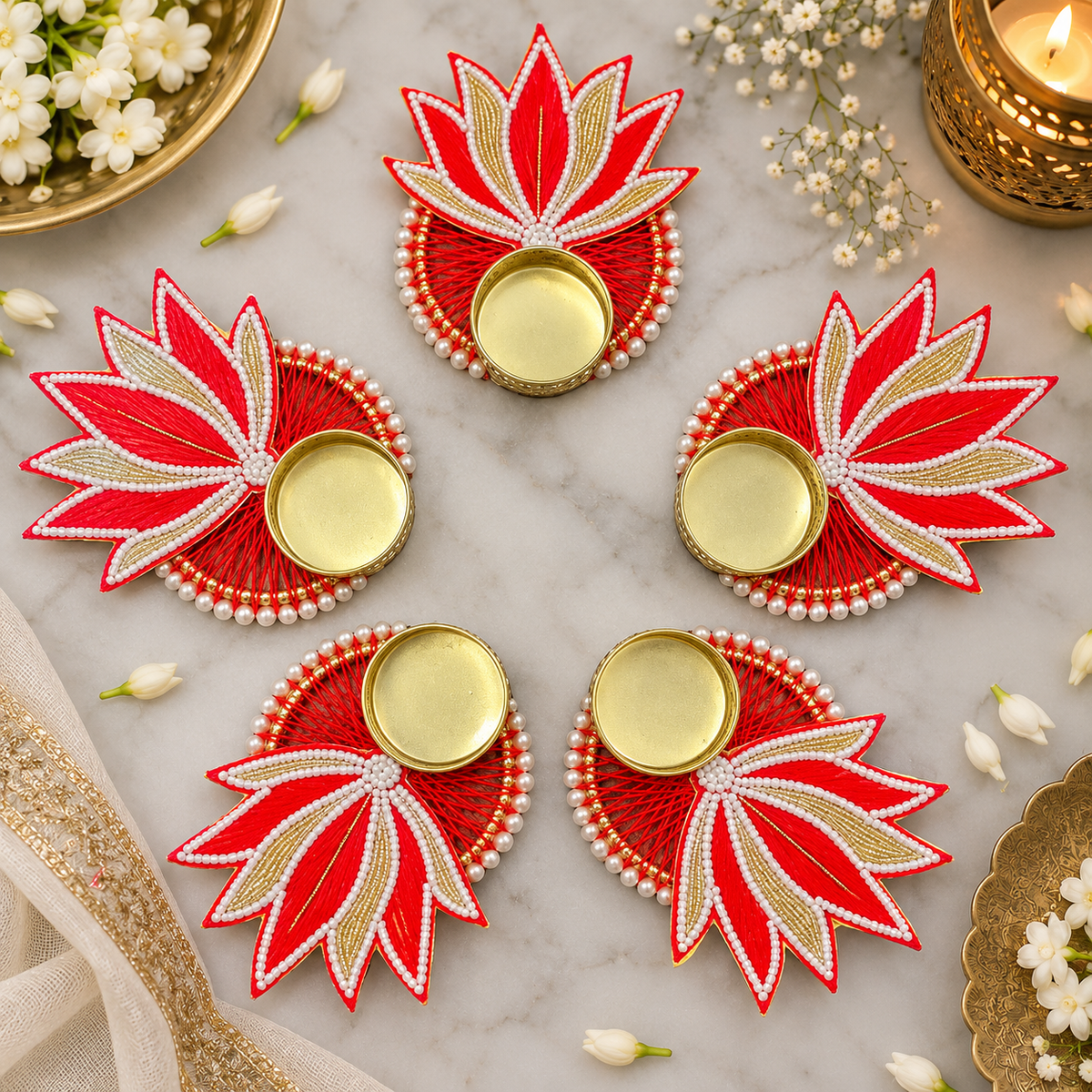 Lotus T-Light Diya - Red (Set of 5)