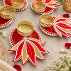 Lotus T-Light Diya - Red (Set of 5)