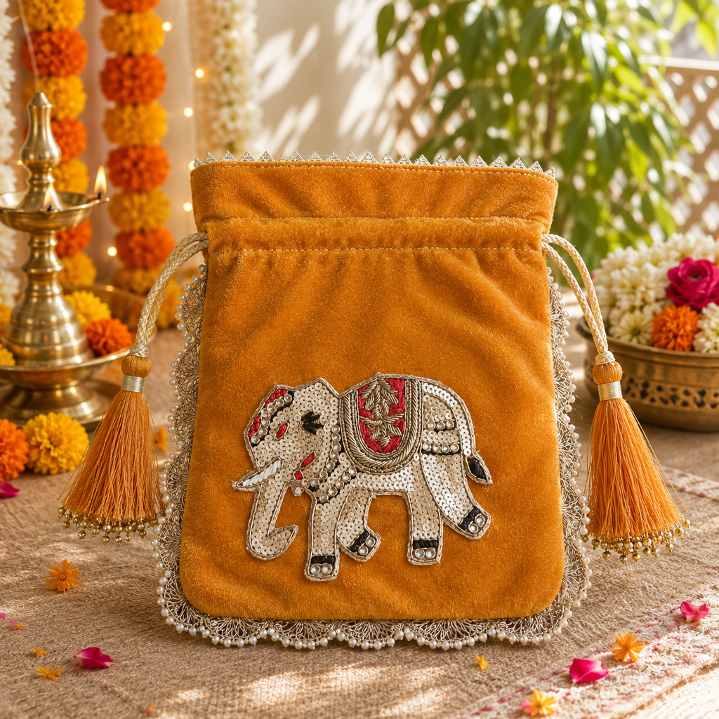 Elephant velvet Potli - Orange