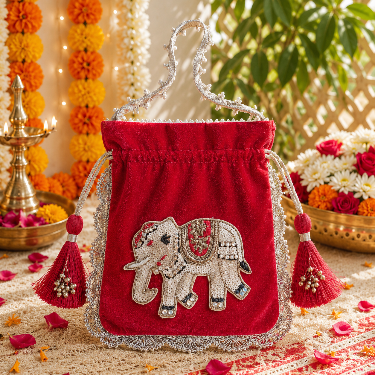 Elephant velvet Potli - Red