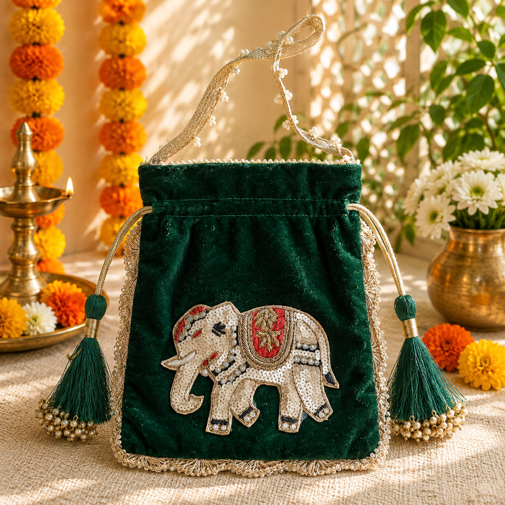 Elephant velvet Potli - Green