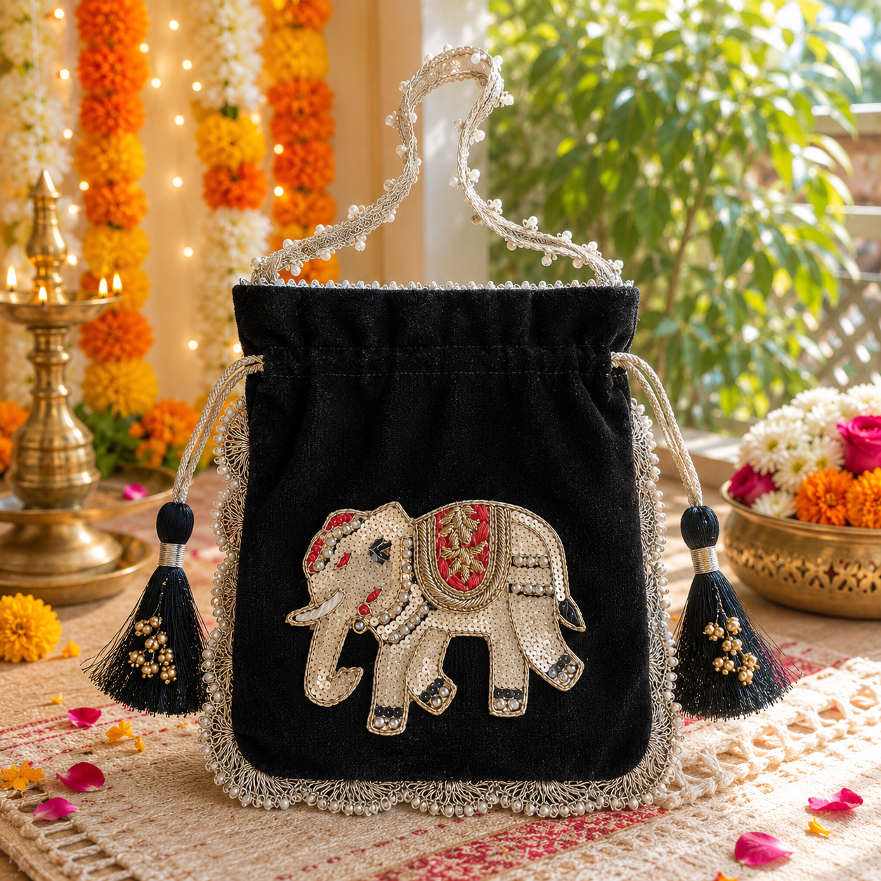 Elephant velvet Potli - Black