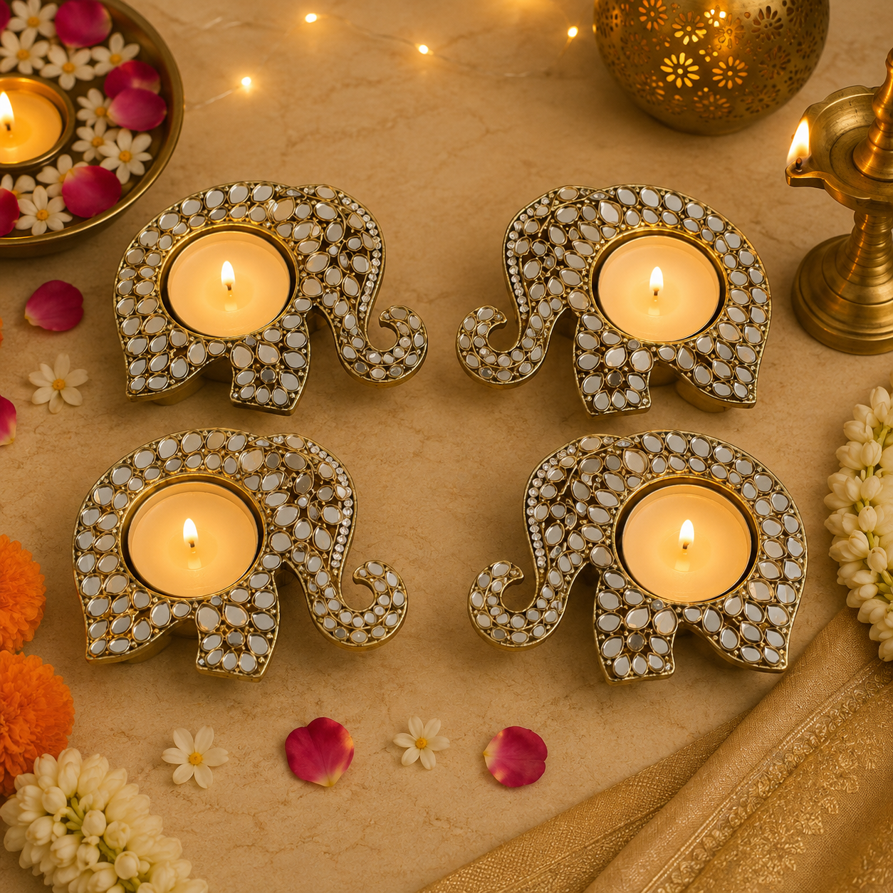 Diya Miroir Éléphant (Lot de 2)