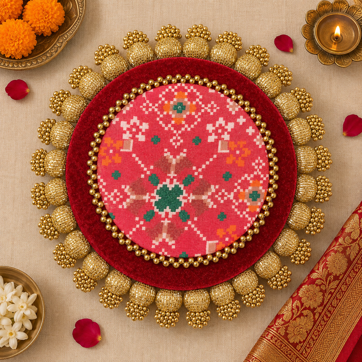 10inch Reversible Placemats - Maroon Patola &  Red Nandi Cow