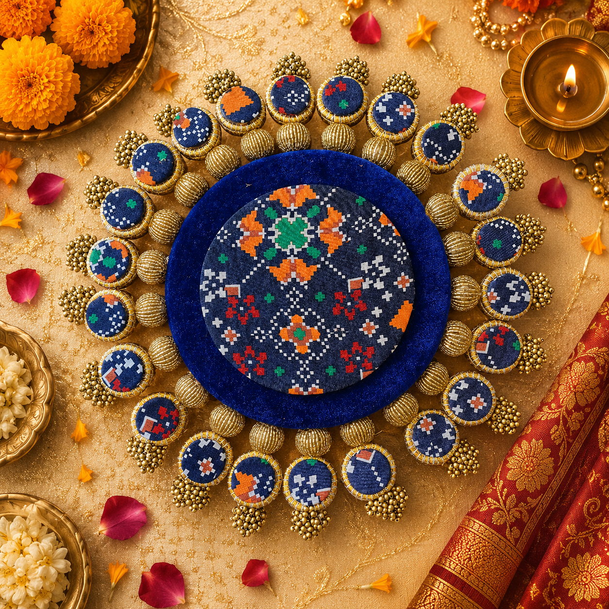 Reversible Placemat with side roundlettes (14 Inch) - Red/Blue