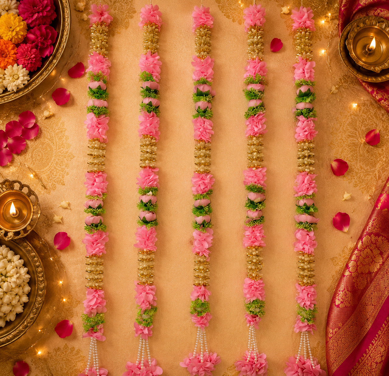 3ft Peony with white mogra floral hanging - Light Pink (Set of 2)