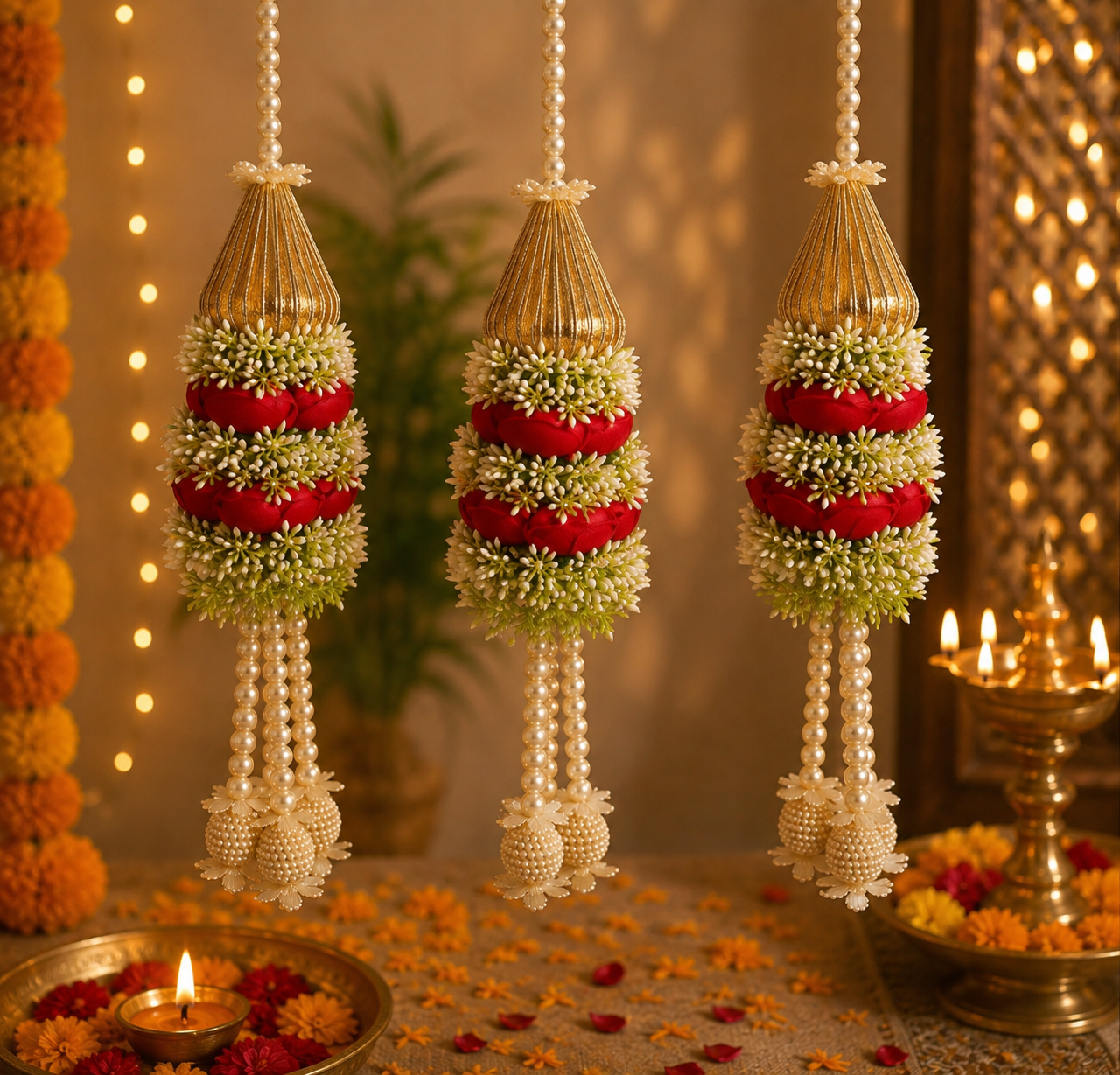 Guirlande de pivoines de 30 cm avec perles triangulaires - Rouge