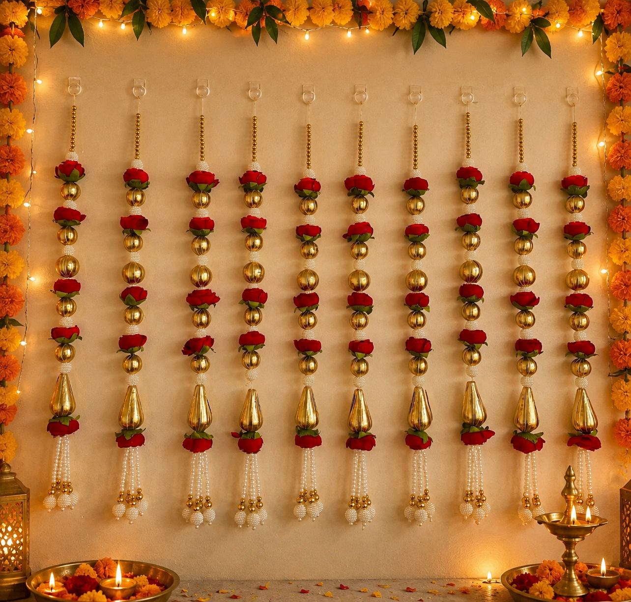 Guirlande de 2 pieds avec 5 pivoines, perles mattes Gota - Rouge