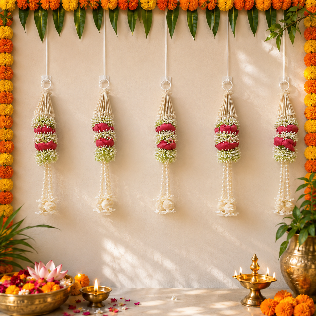 Guirlande de pivoines de 30 cm avec perles triangulaires - Rouge