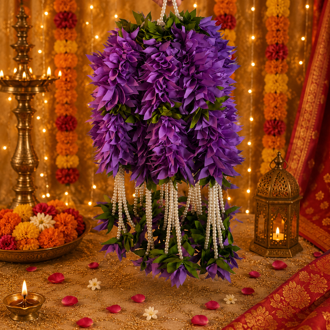 Petites fleurs en tissu de 38 cm avec perles – Violet