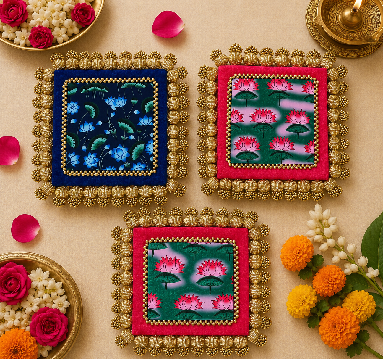 Reversible Square Placemat (Set of 3) - Blue/Pink Pichwai
