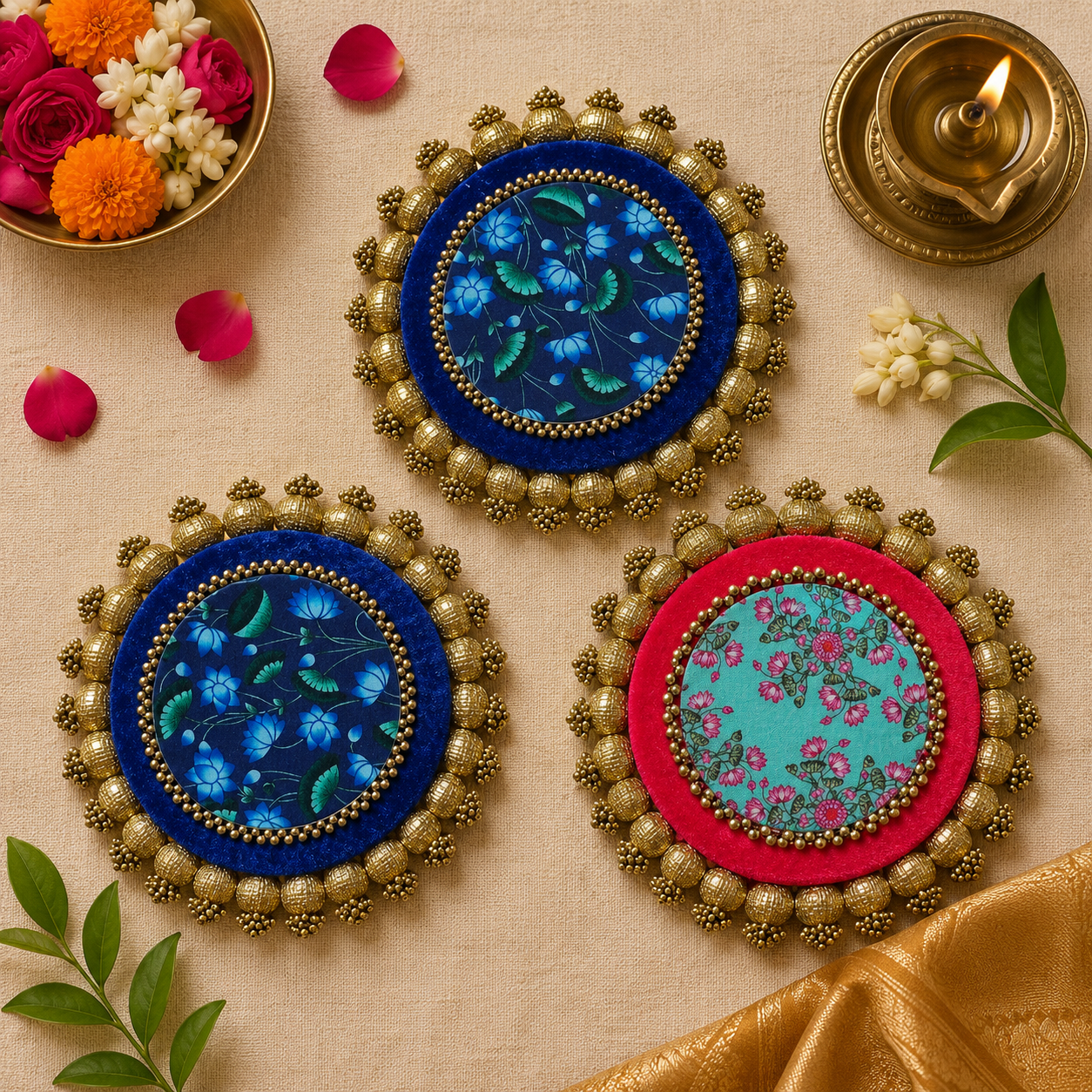 Reversible Round Placemat (Set of 3) - Pink/Navy Patola