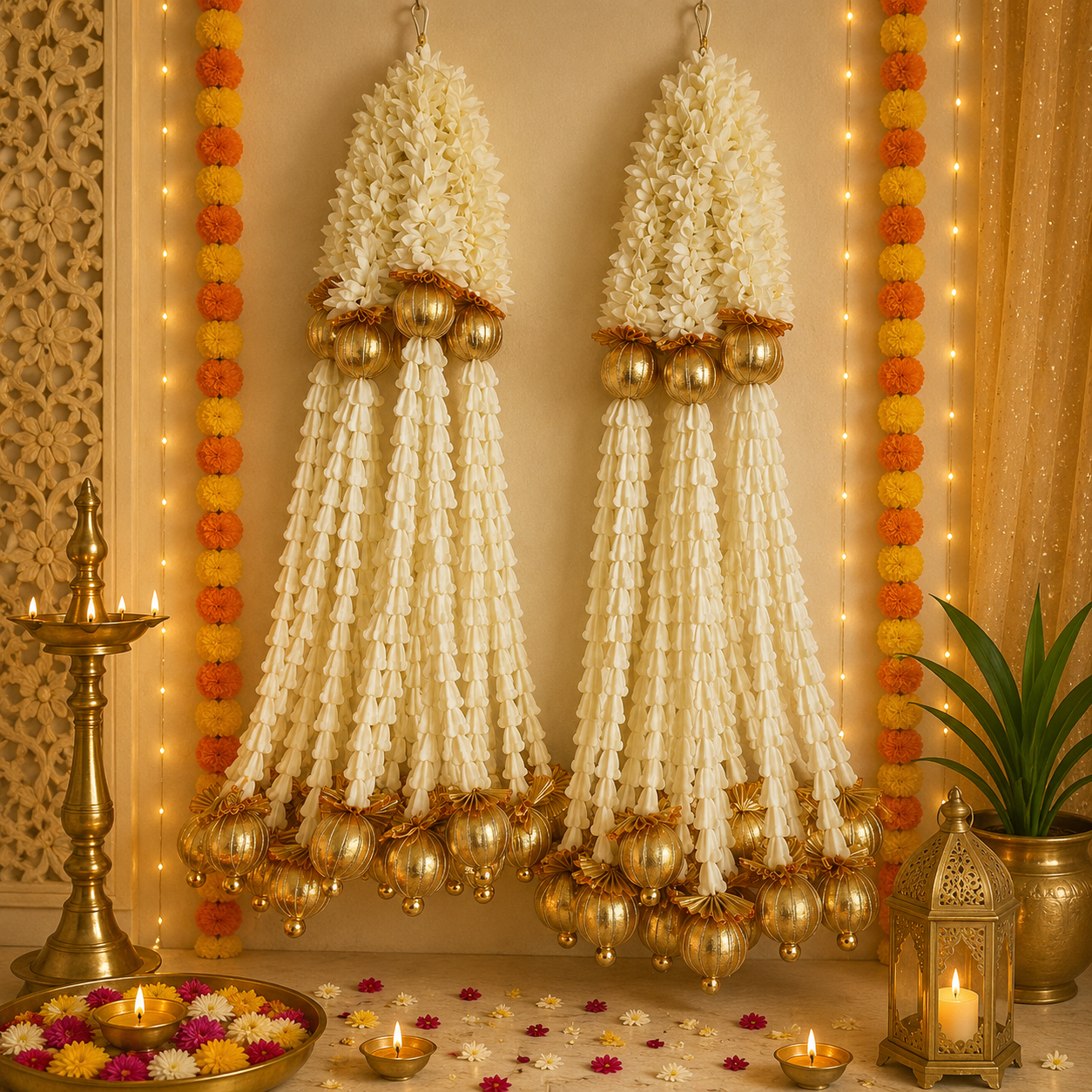Fleur en tissu de 45,72 cm et perle pyramidale blanche à suspendre