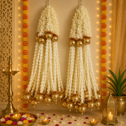 1.5 ft cloth flower and white pyramid bead hanging (Set of 2)