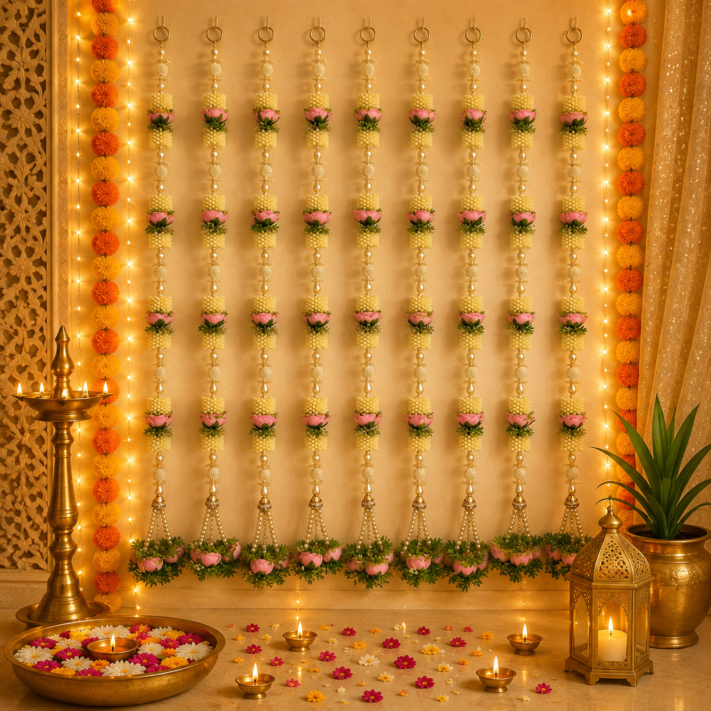 Perle blanche et mogra de 76 cm avec pivoine rose clair de qualité supérieure