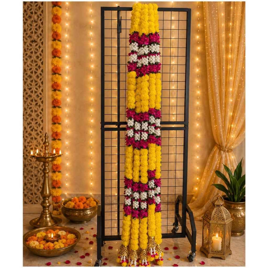 4,5 pieds petite suspension jaune souci avec fleurs roses et mogra