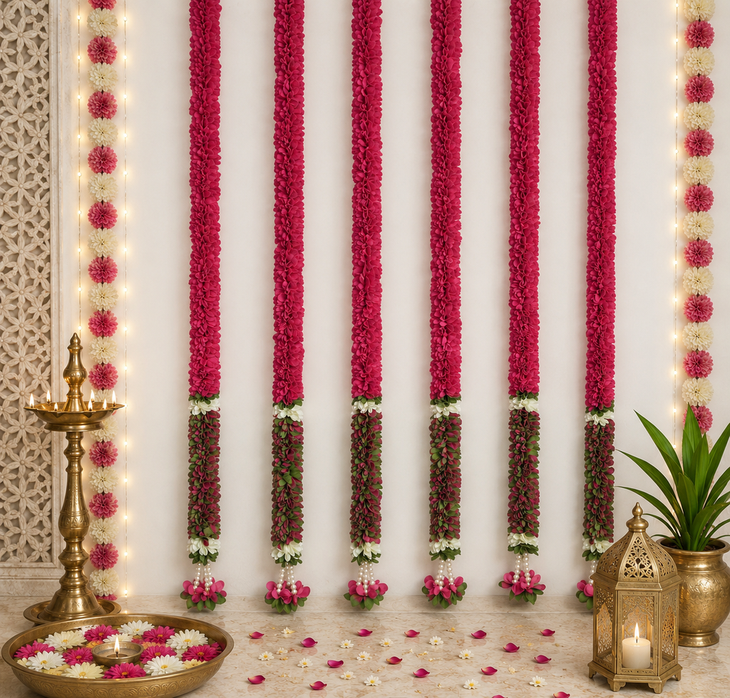 Guirlande de fleurs rose rani de 1,68 m avec feuilles vertes