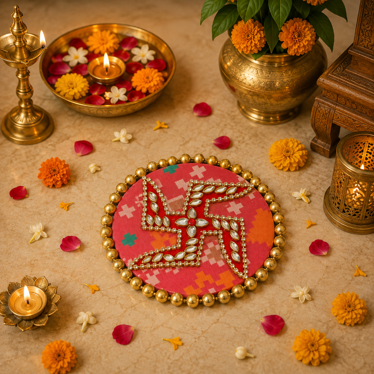 Kundan Swastik Mat - Red Patola