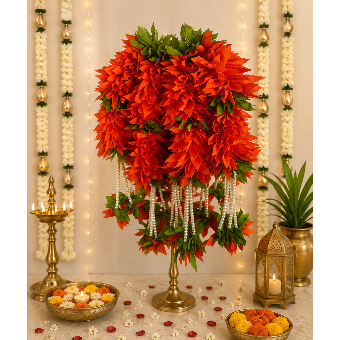 Petites fleurs en tissu de 38 cm avec guirlandes de perles - Orange