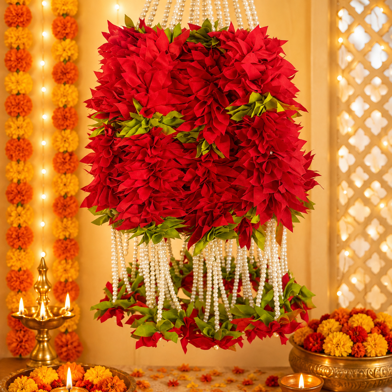 Petites fleurs en tissu de 38 cm avec guirlande de perles - Rouge