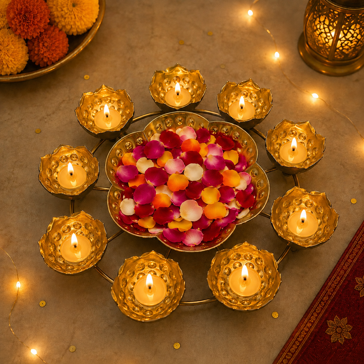 11" Metal Rangoli Urli - 9 Diya + Large Centre