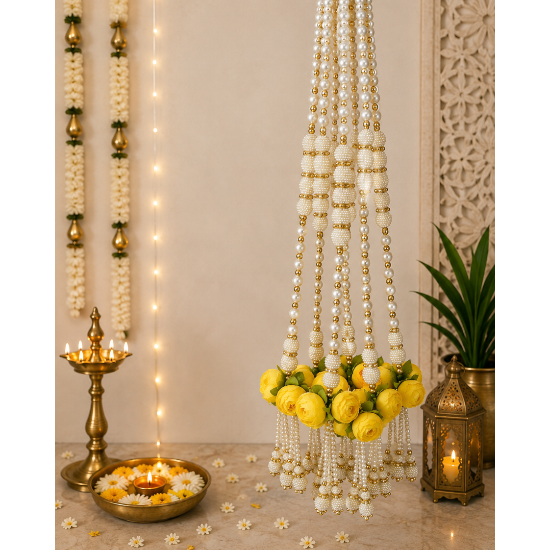 Bouquet de pivoines de 60 cm avec guirlande de perles - Jaune