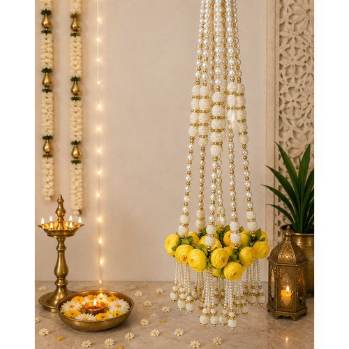 Bouquet de pivoines de 60 cm avec guirlande de perles - Jaune