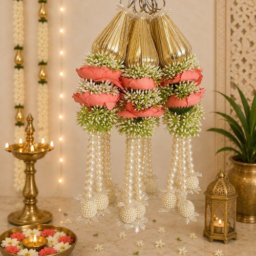 1 Ft Triangle Bead Peony Hanging - Peach (Set of 2)