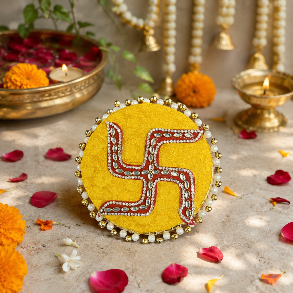 Kundan 5in Swastik Mat - Yellow